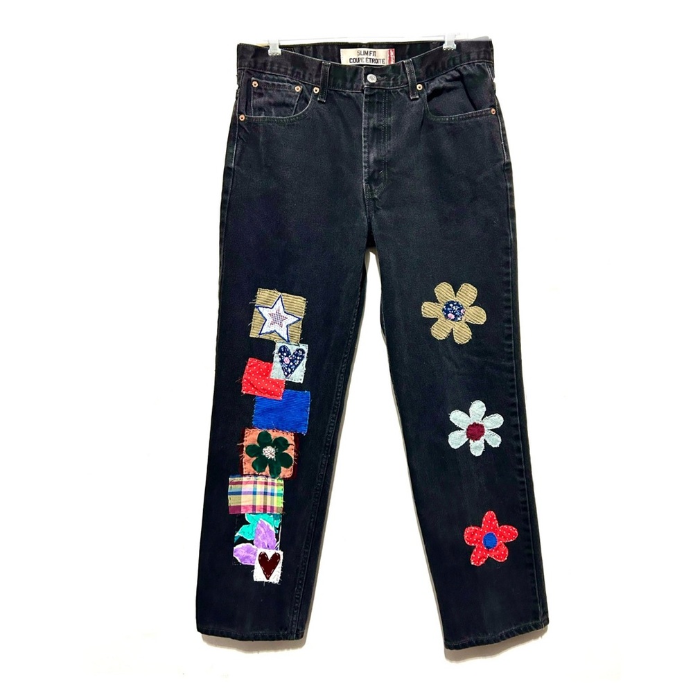 Vintage Levi’s Patchwork Custom Flower Power Star Pockets Black High Rise 14 XL